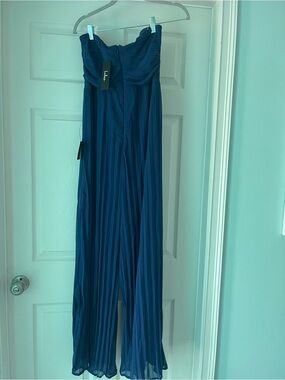 Lulu's Deep Blue Strapless Pleated Jumpsuit